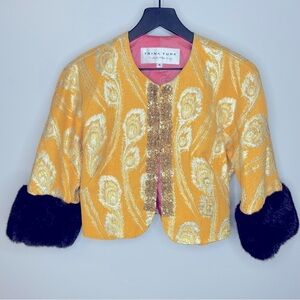 Trina Turk Gold Brocade Jacket With Faux Fur Cuffs‎ Size 4